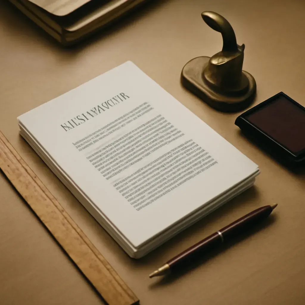 Desk with documents and a translator's stamp